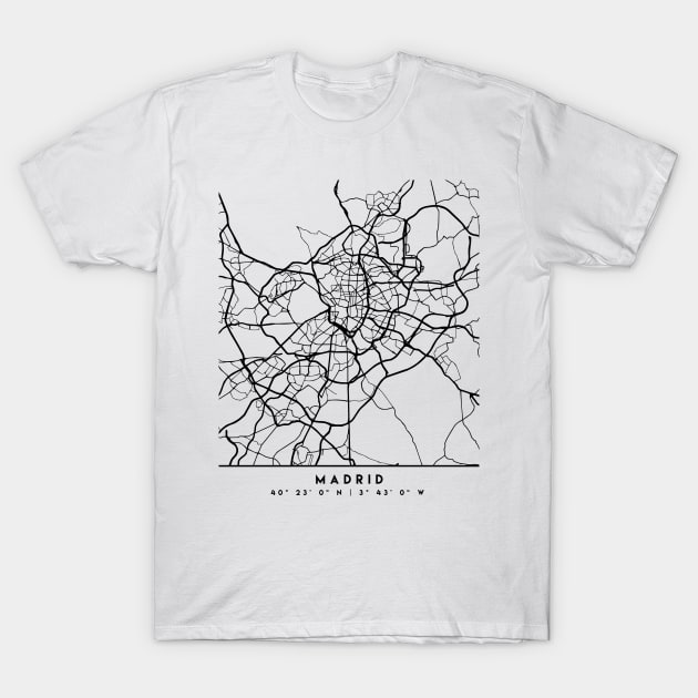 MADRID SPAIN BLACK CITY STREET MAP ART T-Shirt by deificusArt